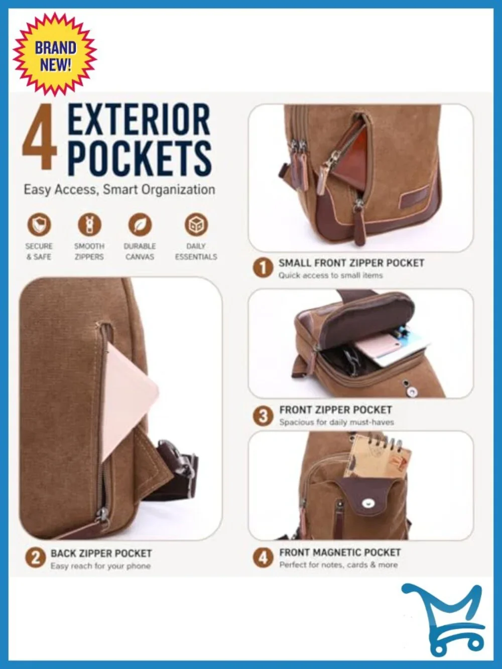 Canvas Sling Bag Crossbody Chest Bag Casual Daypack Rucksack with Adjustable